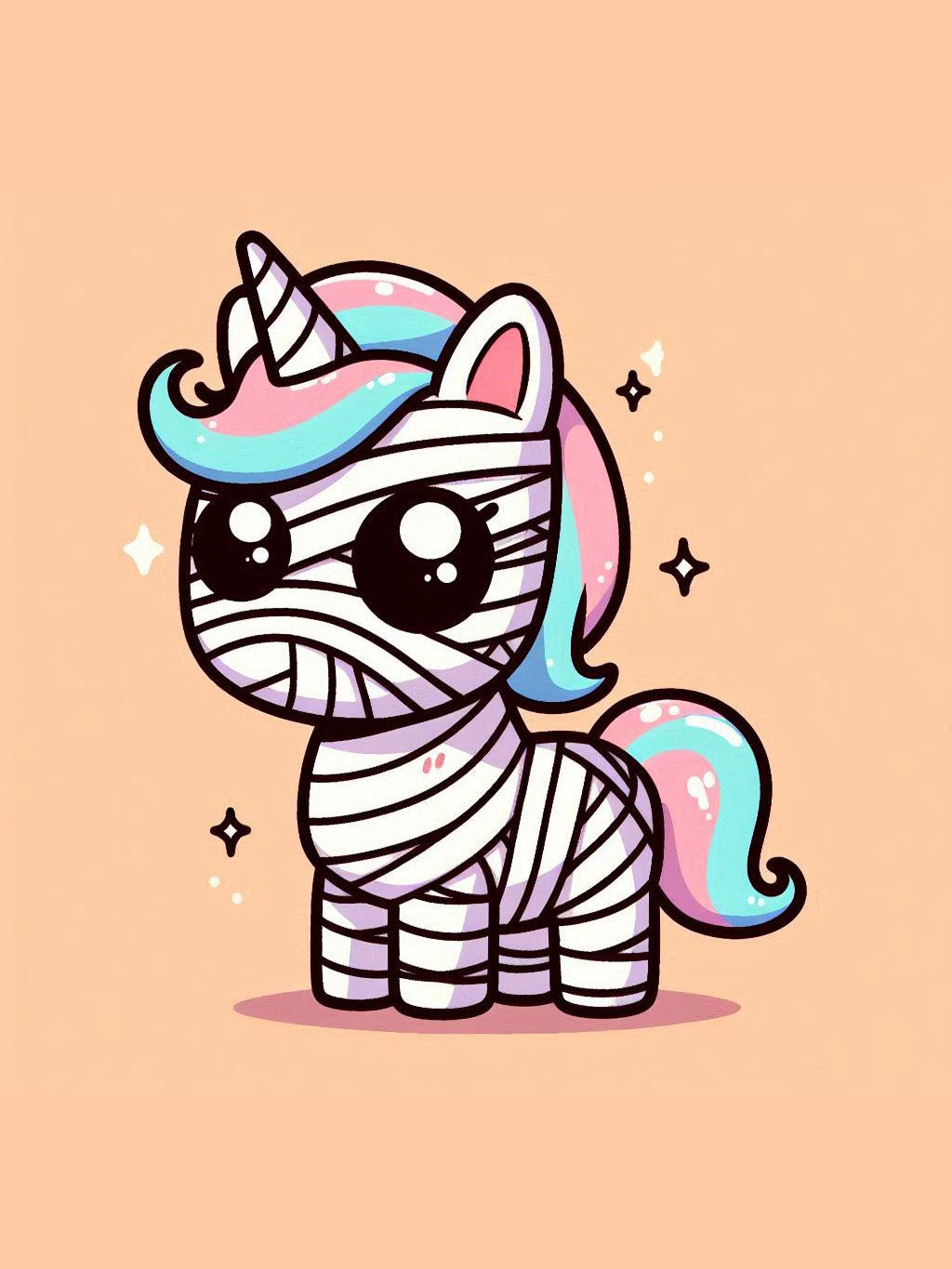 Halloween unicorn illustration ideas featuring a cute unicorn wrapped like a mummy with pastel-colored mane on a soft peach background.